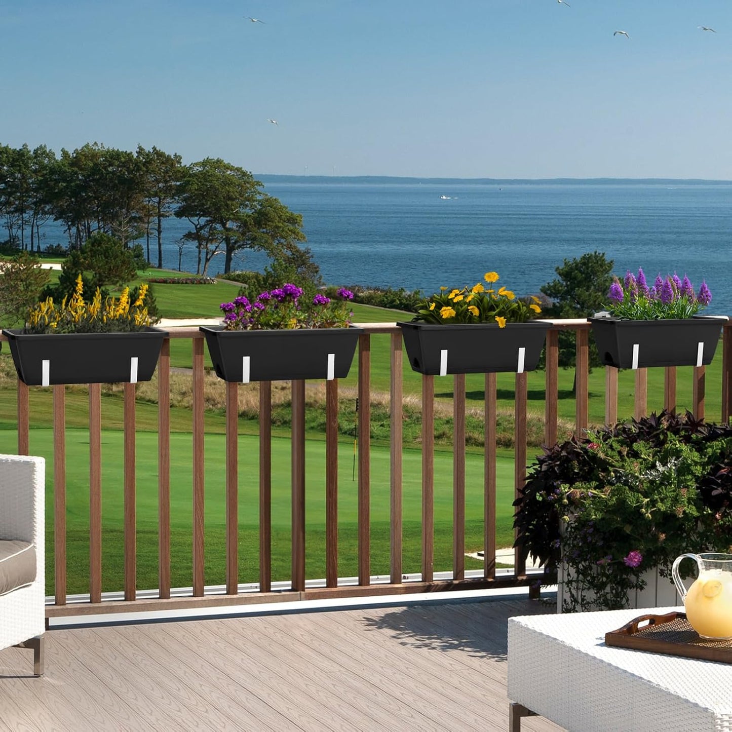 smusei Railing Planter Box 4 Pack Window Boxes Planters with Flower Box Brackets, 17’’ Rectangle Balcony Deck Railing Hanging Planters for Outdoor Fence Garden Patio Plants