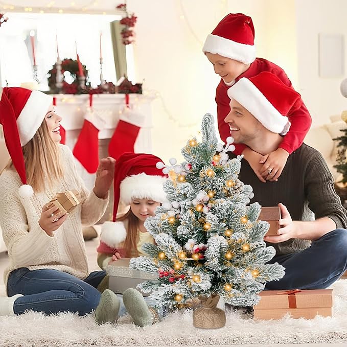 2FT Small Christmas Tree,Flocked Artificial Mini Christmas Tree with Lights,Tabletop Xmas Tree with Ornaments,Christmas Decoration for Party by DNKMOR