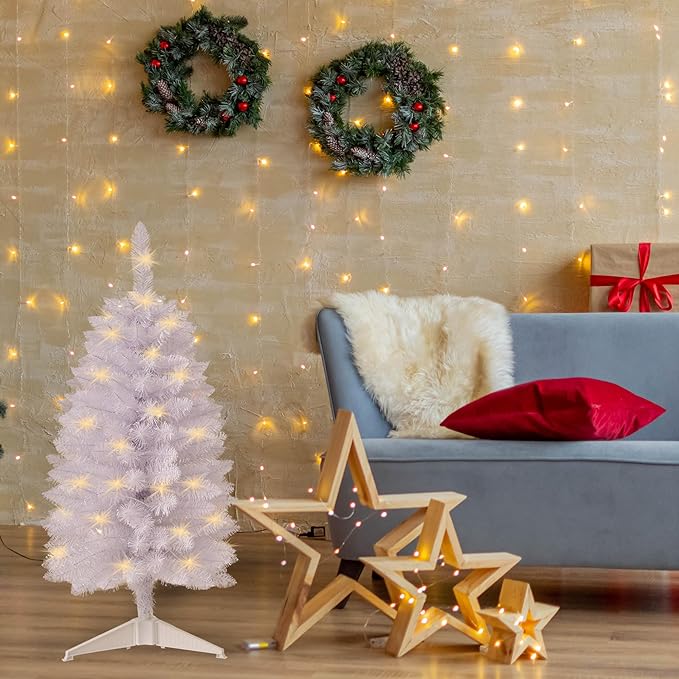 Pre-Lit Artificial Christmas Tree 3Ft, Battery Operated Desktop Xmas Tree with 50 LED 160 Branch Tips Mini Christmas Tree Decoration Indoor Outdoor