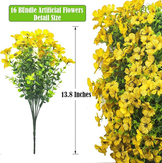 Artificial Fake Flowers for Outdoor Spring Decoration, 16 Bundles Faux Silk Colorful Daisy UV Resistant Realistic for Outside Porch Patio Home Yard Garden Planters Pots Window Box (Yellow)