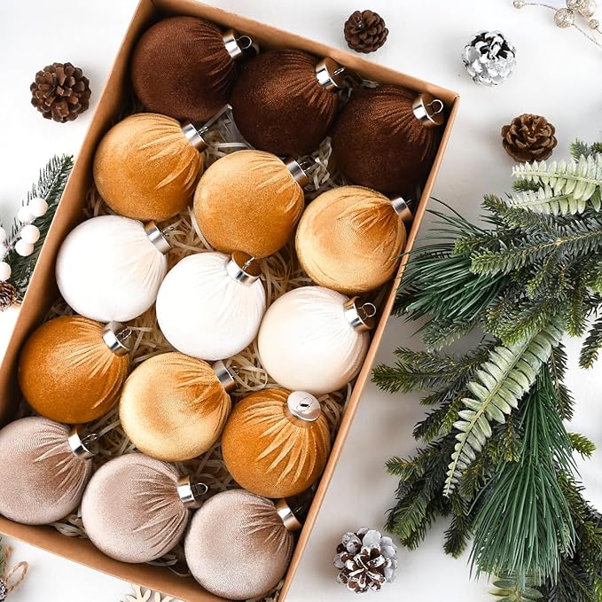 Gold Velvet Christmas Tree Ornaments - 15pcs Shatterproof Christmas Balls for Xmas Trees Decorations - Multicolor Brown Gold Neutral Beige, 80mm 3.15inch