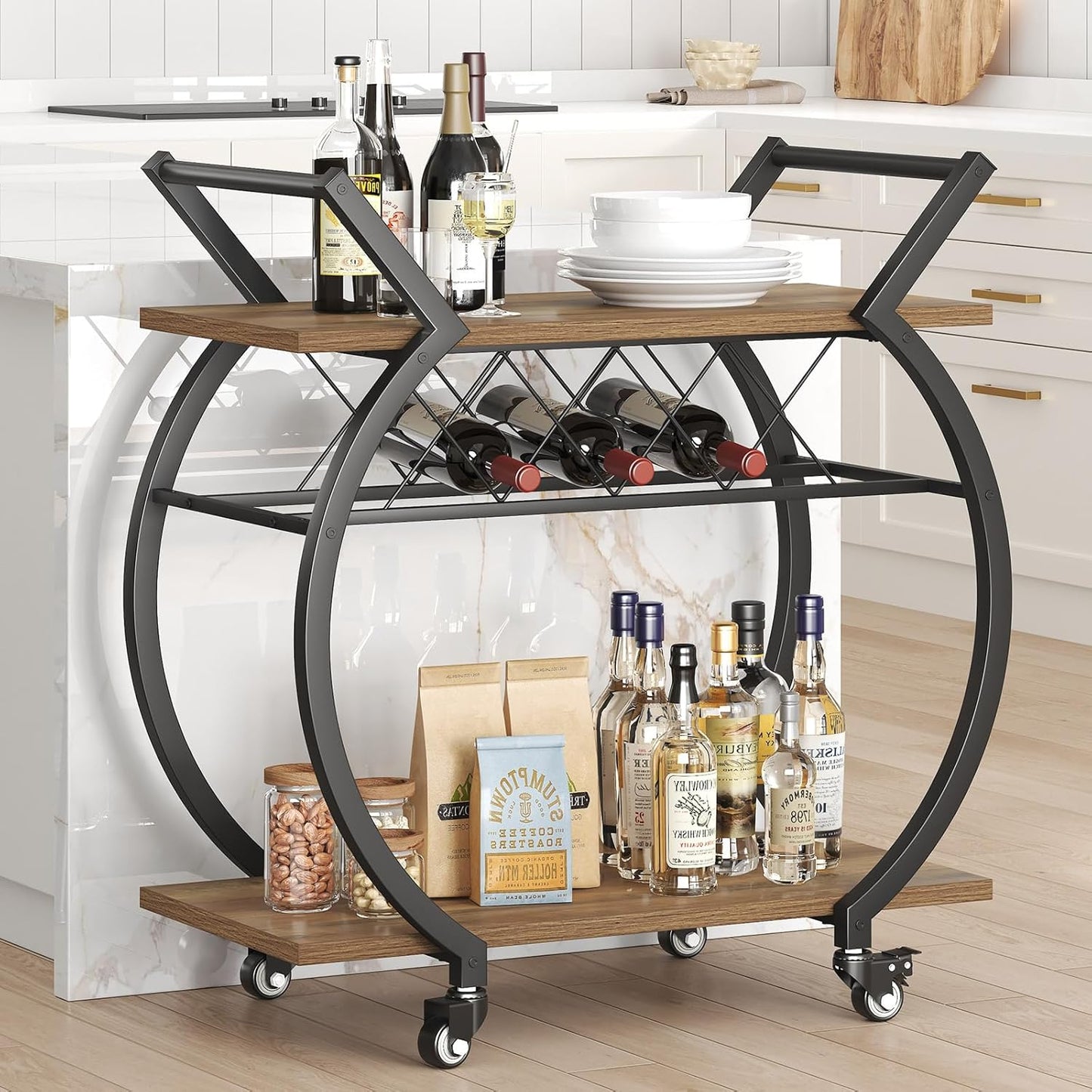 LVB Bar Cart with Wine Rack, 2 Tier Kitchen Cart on Wheels, Modern Wood and Metal Portable Coffee Cart Table for Home, Utility Industrial Mobile Serving Cart with Storage Shelf, Rustic Oak