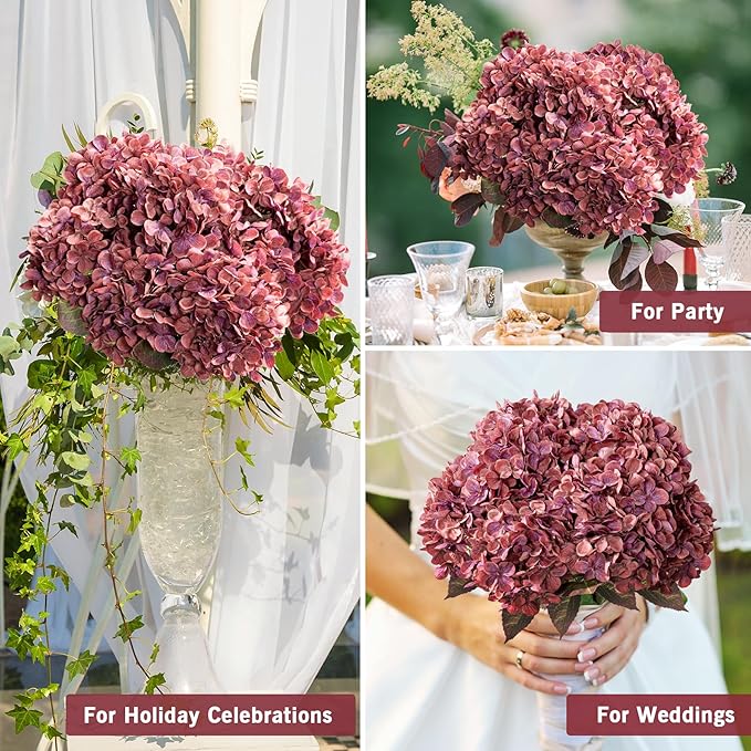 Artificial Flower Fake Silk Hydrangea Heads Bouquet with Stems Bulk for Fall Decoration Table Center Christmas Indoor Outdoor Faux Floral Realistic with Leaves Plants Crafts 8PCS(Rose red)