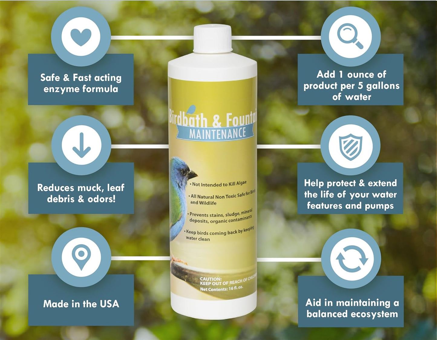 Sanco Bird Bath & Fountain Maintenance, Fast-Acting Enzyme-Based Formula Will Extend The Life of Your Water Feature, Aid in Maintaining a Balanced Ecosystem, 16 oz