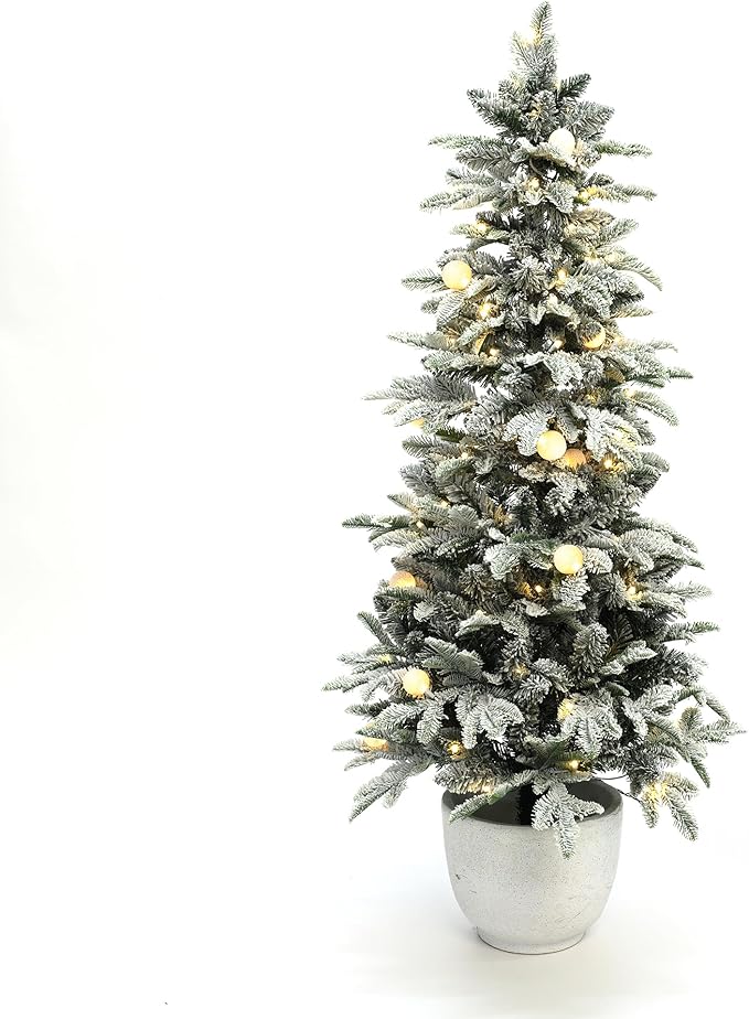 LuxenHome 5FT Small Potted Christmas Tree, Flocked Christmas Tree with 100 LED Globe Lights, Prelit Artificial Xmas Trees with White Round Pot, Lighted Pine Tree for Indoor, Outdoor Holiday Display