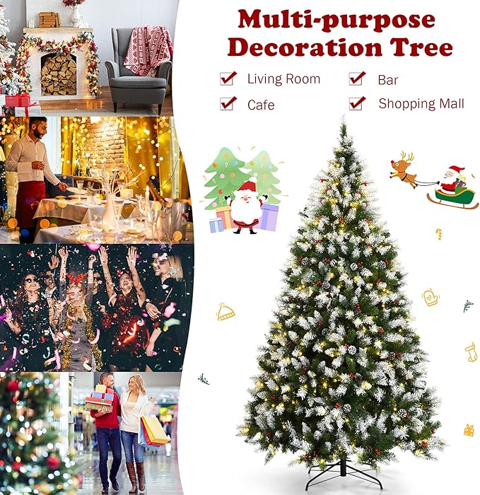 Happygrill 7.5ft Pre-lit Snowy Christmas Tree with 550 Warm White LED Lights & 1398 PVC Tips, 8 Lighting Modes, Hinged Artificial Tree for Residential Commercial Use