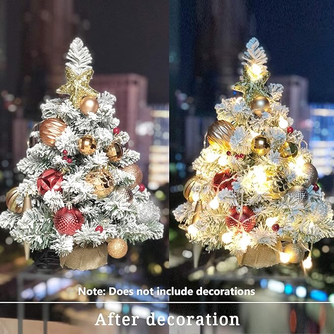 Pre-Lit Artificial Mini Christmas Tree,20 Inch Snow Flocked Small Pine Xmas Tree with 40 LED Lights,70 Branch Tips,Battery Operated Tabletop Christmas Tree Burlap Base-(50cm)