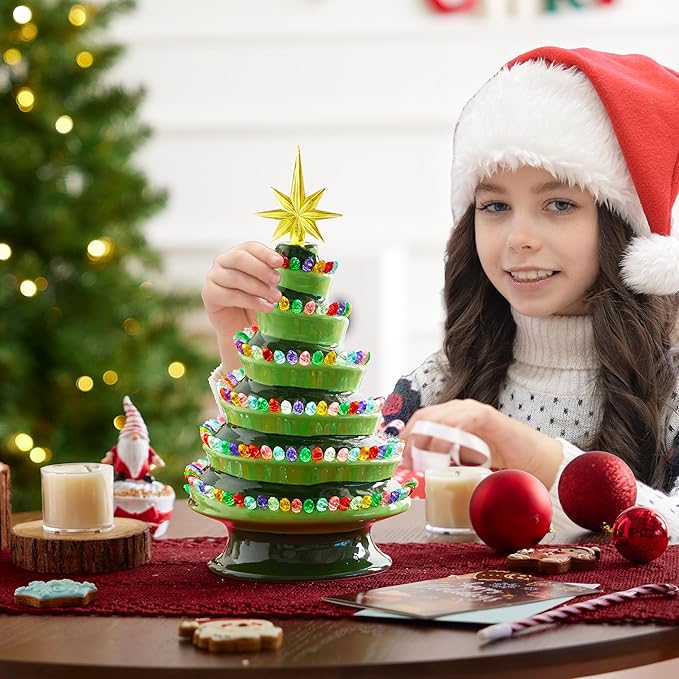 JOIEDOMI 12" Novelty Ceramic Christmas Tree, Lightup Tabletop Xmas Tree with 220 Spiral-Arranged LED Lights, Classic Retro Porcelain Tabletop Decor for Xmas Indoor Office Decorations