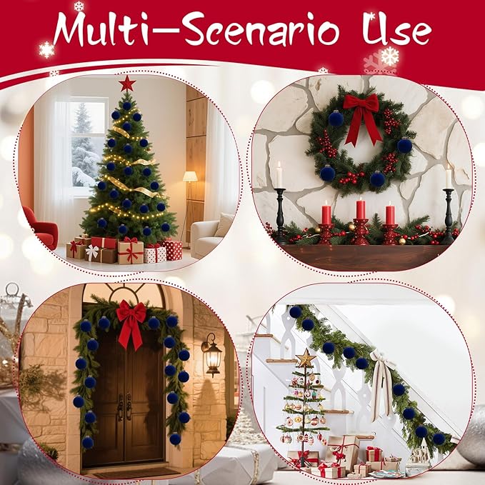 12 Pcs Velvet Christmas Balls Bulk Shatterproof Plastic Christmas Tree Decorations for Decorative Hanging Baubles (12, Navy Blue, 2.36Inch)