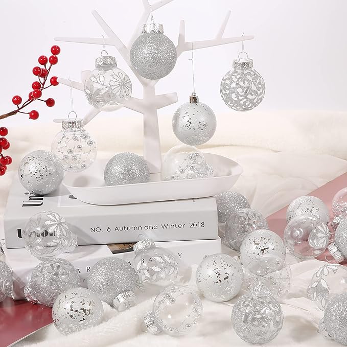 Christmas Ornaments Set, 30ct 2.36inch Assorted Clear Christmas Ornaments Shatterproof for Christmas Tree Decoration Silver Hanging Balls for Thanksgiving Xmas Wedding Party Home Indoor Outdoor Decor