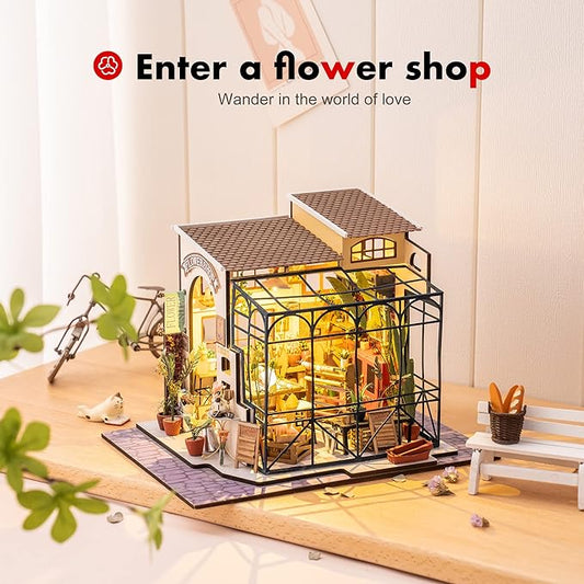 ROBOTIME DIY Dollhouse Kit Mini House with Furnitures Accessories 1:24 Scale Craft Kit - Emily's Flower Shop