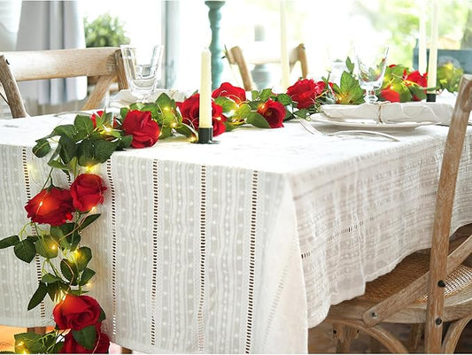 FiveSeasonStuff 29 Ft 4 Pack Christmas Red Rose Silk Flower Garland Artificial Flowers Decoration Hanging Floral with 66 feet String Lights