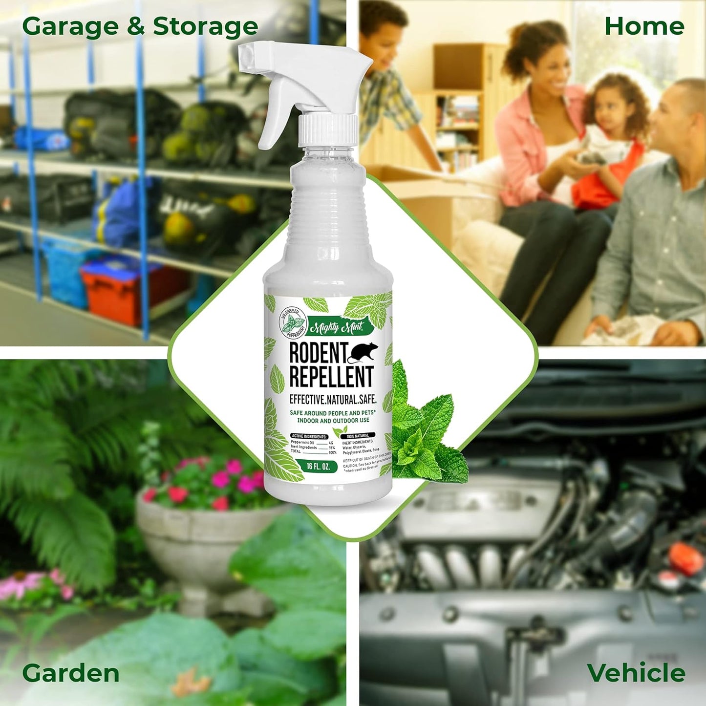 Mighty Mint Peppermint Oil Rodent Repellent Spray – Natural Indoor & Outdoor Control for Mice and Rats – Plant-Based, Extra-Strong Formula - 16 oz