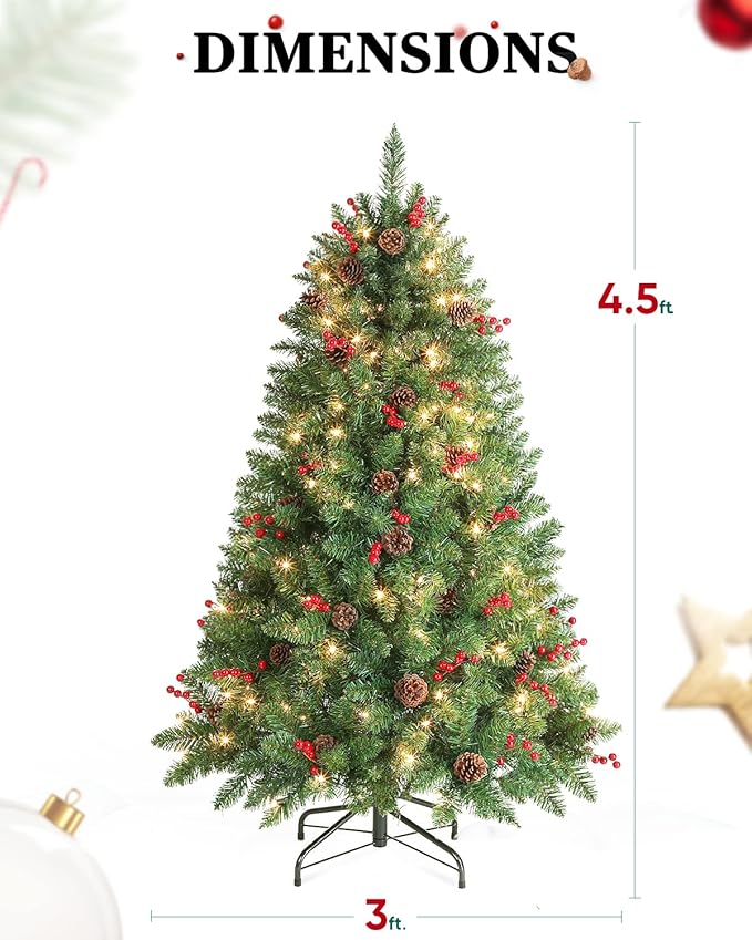 4.5FT Prelit Christmas Tree, Small Christmas Tree Pre-Decorated with Pinecones and Berries (300 Clear Warm Lights and Realistic 516 Thicken Tips, Sturdy Metal Base)