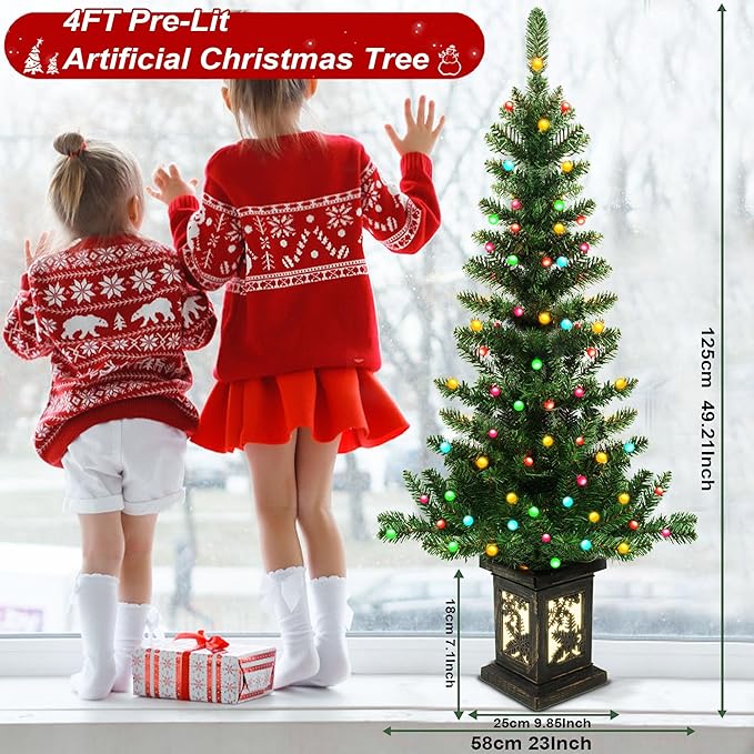 2Pcs 4FT Pre-lit Artificial Potted Christmas Tree with 100 LED Colorful Lights,Artificial Xmas Trees with Retro Snowflack Light Box Base, 190 Branch Tips, Small Xma Tree Decora for Porch,Table, Home