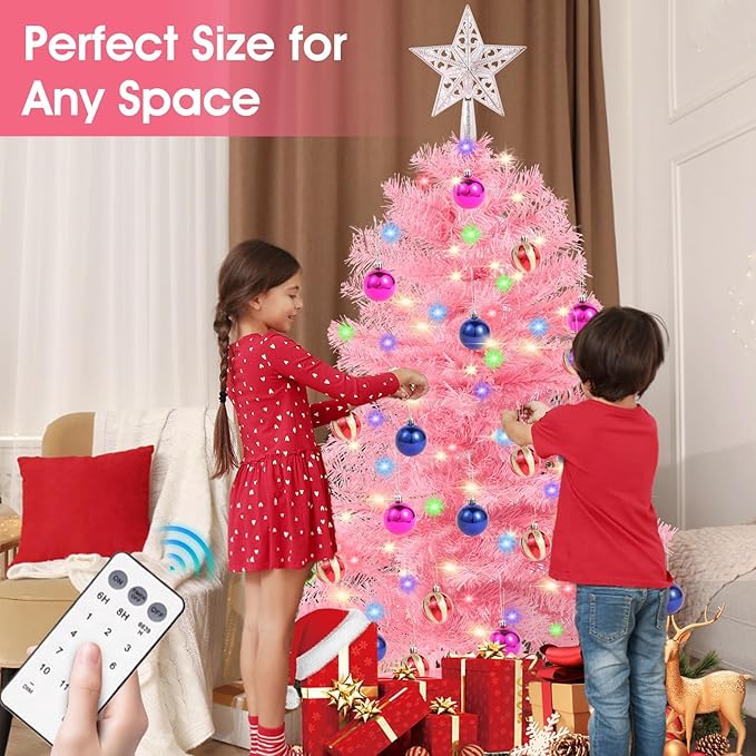 3Ft Christmas Tree with Lights, Table Christmas Tree with 50 LED 12 Modes, 3D Star, 15 Hanging Ball Ornaments, Small Prelit Xmas Tree for Tabletop, Home and Office (Pink)