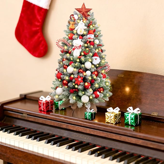 3Ft Pre-lit Tabletop Christmas Tree, Snowy Flocked Christmas Trees, Outdoor Christmas Tree, with 9 Modes LED Lights, Pine Cones & Berries, Battery Operated, for Home Office Desk Decor