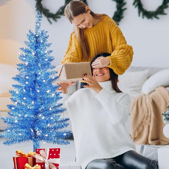 4ft Artificial Full Blue Christmas Tree with Separate Lights, Not Pre-lit Mini Blue Tinsel Pine Christmas Tree, 50 Lights, Small Xmas Tree for Home, Office, Party Decoration, Indoor