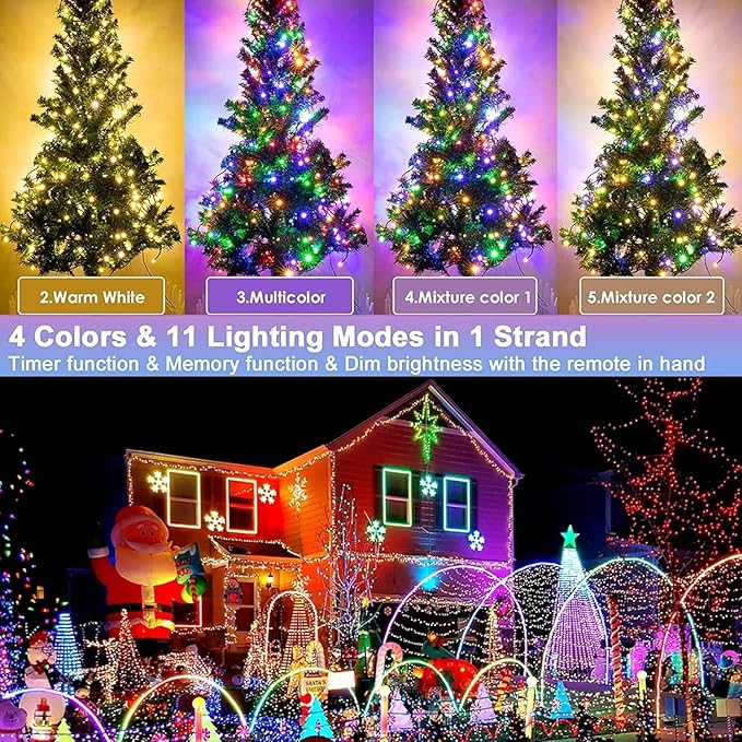 Hezbjiti 108 FT 300 LED Color Changing Christmas Lights Outdoor, 11 Modes String Lights IP44 Waterproof Fairy Lights for Party Tree Yard Porch Wedding (Warm White to Multicolor, Green Wire)