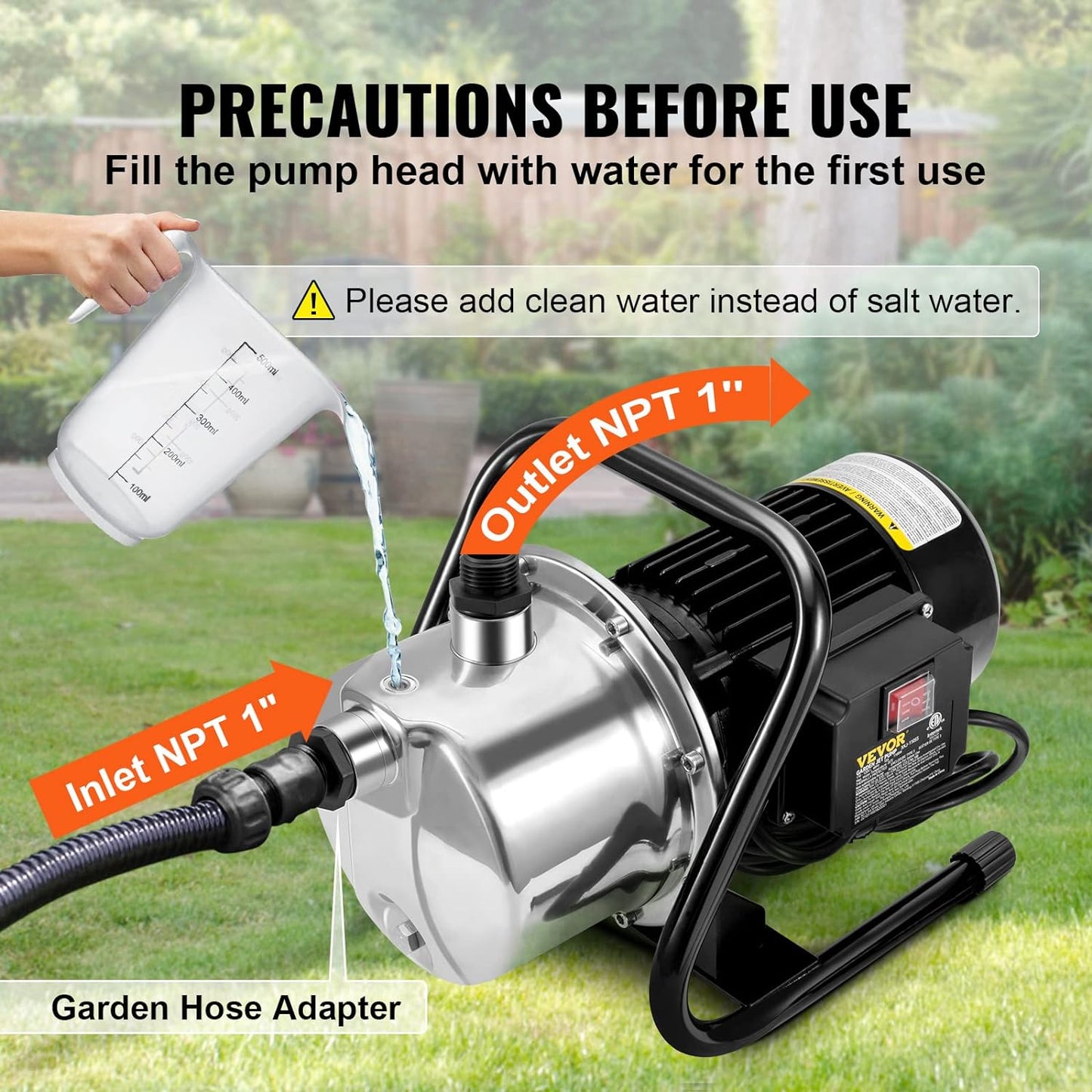 VEVOR 1.1 HP Portable Shallow Well Pump, 978 GPH Garden Jet Pump, 115V, 131 ft Height, Stainless Steel Sprinkler Booster Pumps for Garden Lawn Irrigation system, Lake Fountain, Water Transfer