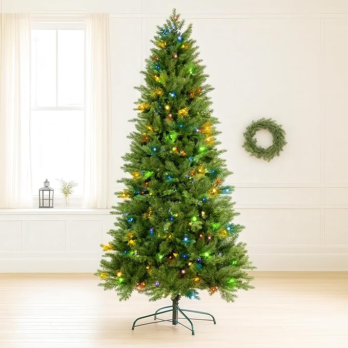 6.5ft Pre Lit Christmas Tree with 450 Multi-Color LED Lights – Artificial Tree with 1617 Realistic PE & PVC Tips, Hinged Branches, Foot Pedal and Metal Stand for Indoor Holiday Decor
