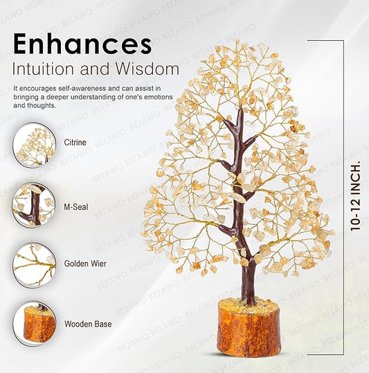Crocon Citrine Gemstone Tree Feng Shui Figurine Money Bonsai Chakra Balancing Good Luck Prosperity Reiki Healing Crystals Decoration Ornament Sculpture Table Decor Gift Size 10-12"""