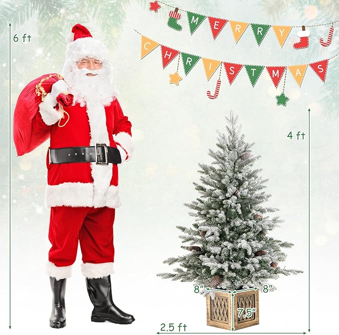 HAPPYGRILL 4 FT Pre-Lit Artificial Christmas Tree Flocked Xmas Tree with 231 PE PVC Branch Tips, 15 Natural Pine Cones, 100 Warm White LED Lights & Vintage Base, Decoration Tree for Party & Carnival