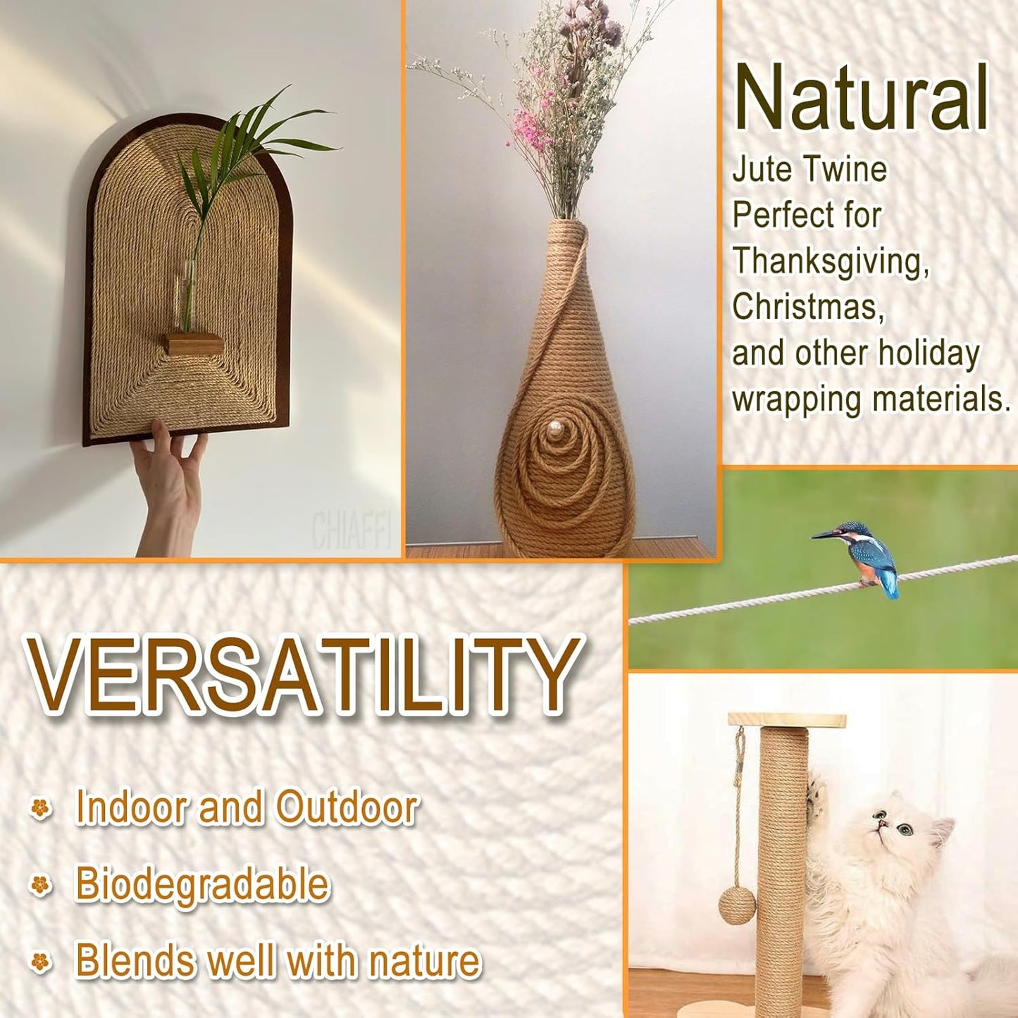 656 Feet 3Ply Jute Twine String, 2mm Natural Brown Thick Twine Rope for Crafts, Gardening, Tomato, Climbing Plant, Tie Floristry, Gift Wrapping Packing, Christmas, Wedding Decor