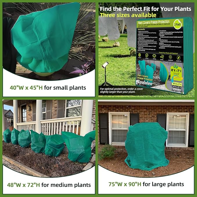 2 Pack Plant Covers Freeze Protection, 48"W x 72"H Winter Frost Blanket 2.36 oz/yd² Fabric Frost Cloth Tree Covers Shrub Jacket Bag with Zipper & Drawstring for Plants Fruit Tree Shrub Potted - Green