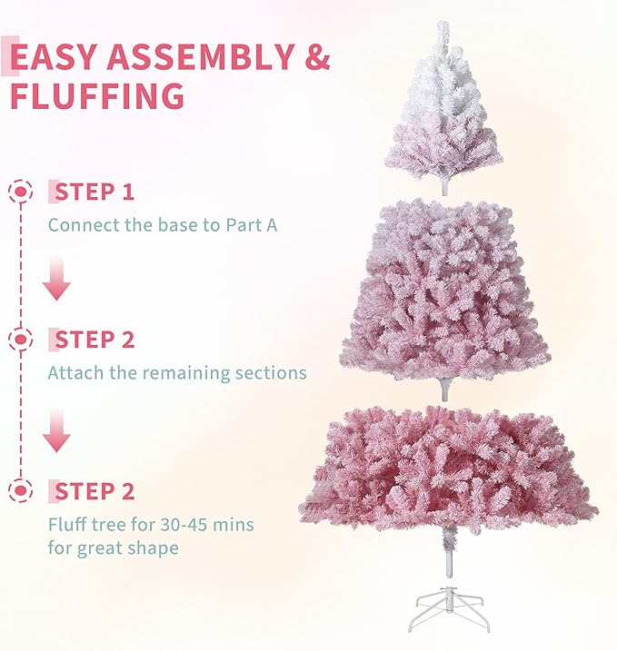 GAOMON 7.5Ft Pink Christmas Tree,Snow Flocked Artificial Christmas Tree with 450ww LEDs Lights & 288 Branch Tips & Sturdy Metal Stand, Xmas Decoration for Home Office, Party, Holiday, Pink Gradient