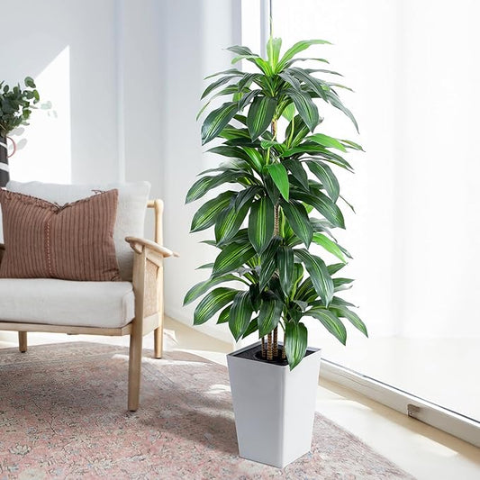 Artificial Dracaena Tree with White Tall Planter, 5ft Tall Potted Artificial Dracaena Silk Plant, Fake Yucca Tree Plant, Home Office Floor Room Decor Plants Indoor Outdoor, Housewarming Gift