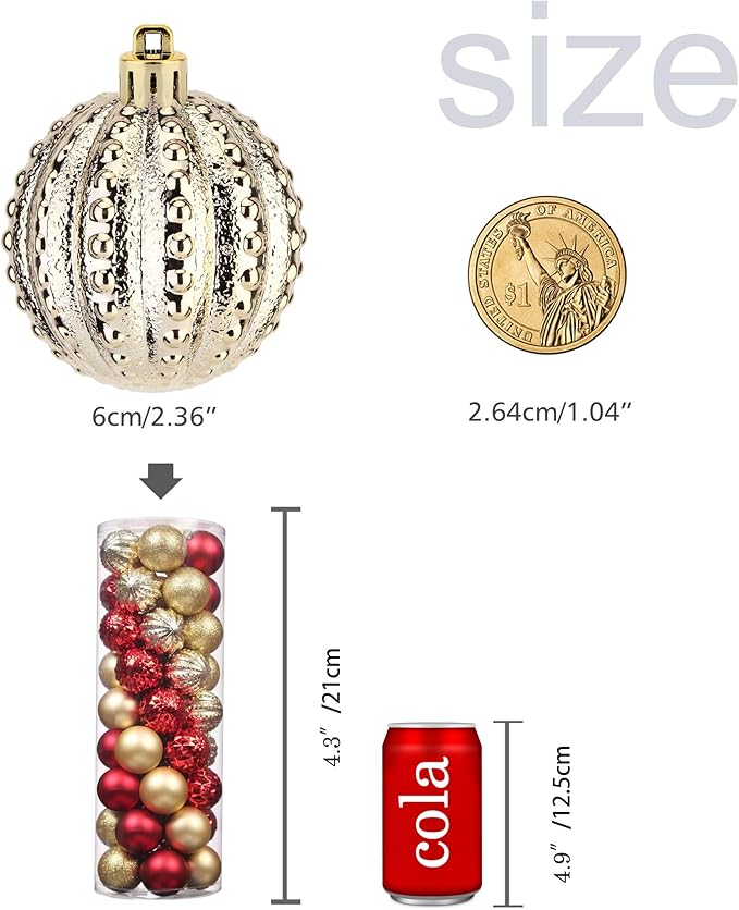 45Pcs 6cm/2.36inch Christmas Balls Glitter Christmas Tree Ornaments Hanging Christmas Home Decorations for Home House Bar Party(Red/Gold