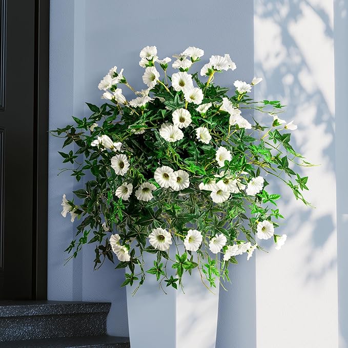 Artificial Flowers Artificial Petunias for Outdoors Artificial Hanging Plants Outdoors Silk Flowers with Stems Outdoor Flowers Uv Resistant for Porch Decor Terrace Decor(White) with Pot 2PCS