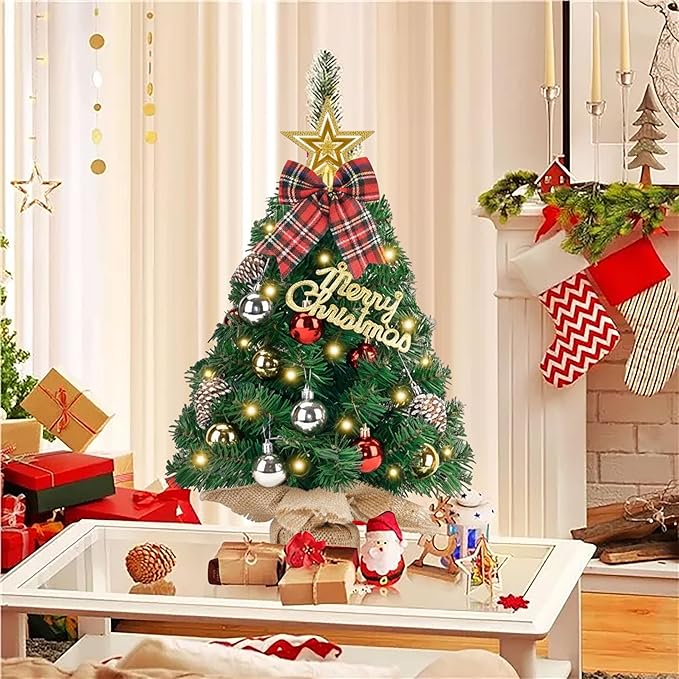 Prelit Mini Christmas Tree Tabletop with LED Lights, 2ft Artificial Xmas Tree with Treetop Star and Hanging Ornaments Small Christmas Trees Decoration for Home Cafe Office Desk, Green