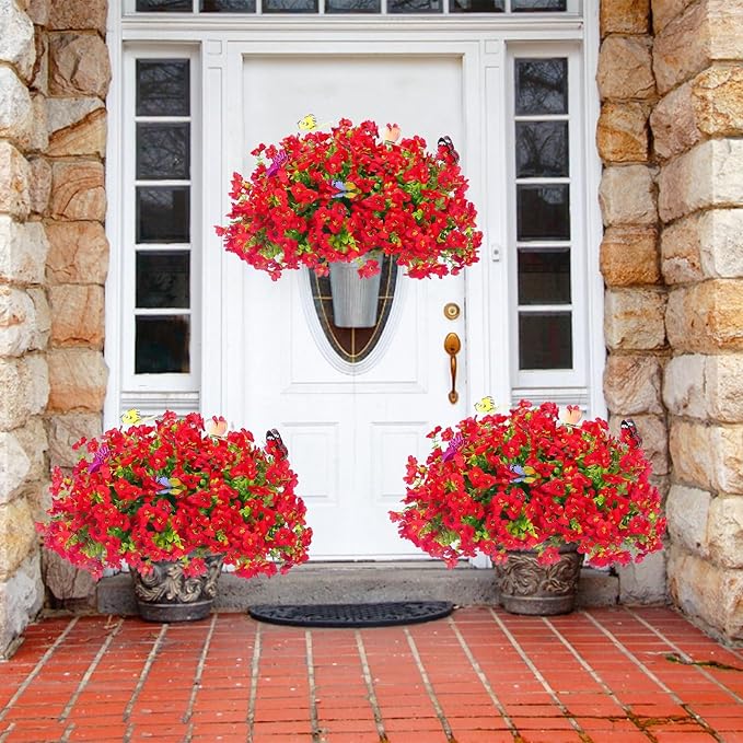 20 Bundles Artificial Flowers for Outdoors with 6 Faux Butterflies, UV Resistant Fake Flowers with Eucalyptus Leaves, Artificial Plants Outdoor for Patio Garden Porch Home Decor (Red)