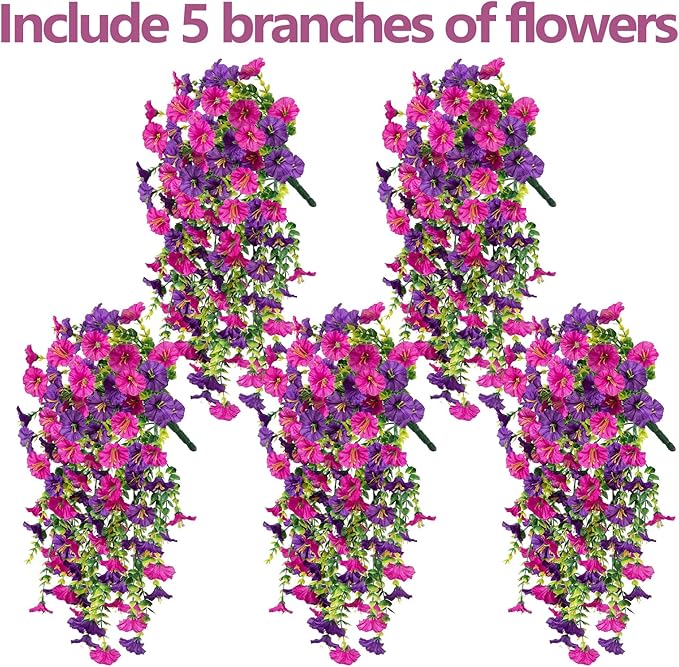 Rich and Eye-catching 5 PCS Artificial Hanging Flowers,Silk Morning Glory Faux Flowers with Eucalyptus Leaves,uv Resistant Fake Hanging Petunias Plants for Yard Decoration(Purple Red)