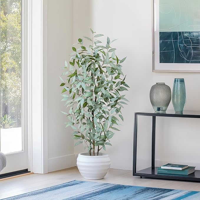 5FT Artificial Ficus Tree,Large Fake Plants with Pot,Faux Floor Plant with White Leave Fake,Artificial Plants Indoor for Home Office Decor