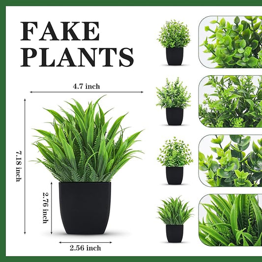 Der Rose 4 Pack Fake Plants Small Artificial Mini Faux Plants Indoor Black Bathroom Accessories for Room Home Office Shelf Decor