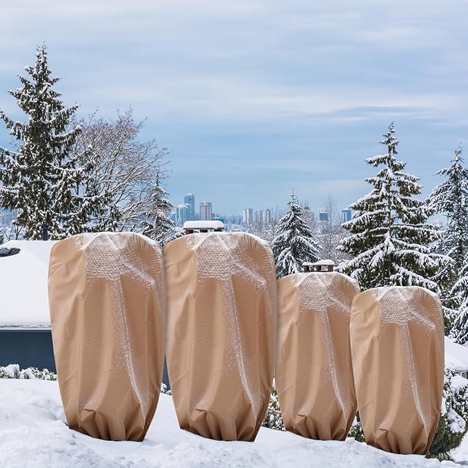 4 Pcs Plant Covers Freeze Protection 2 Size 47" x 32" and 71" x 47" Reusable Plant Protector with Zipper and Drawstring, Winter Bush Covers Freeze Protection from Cold Sun Frost Wind(Brown)