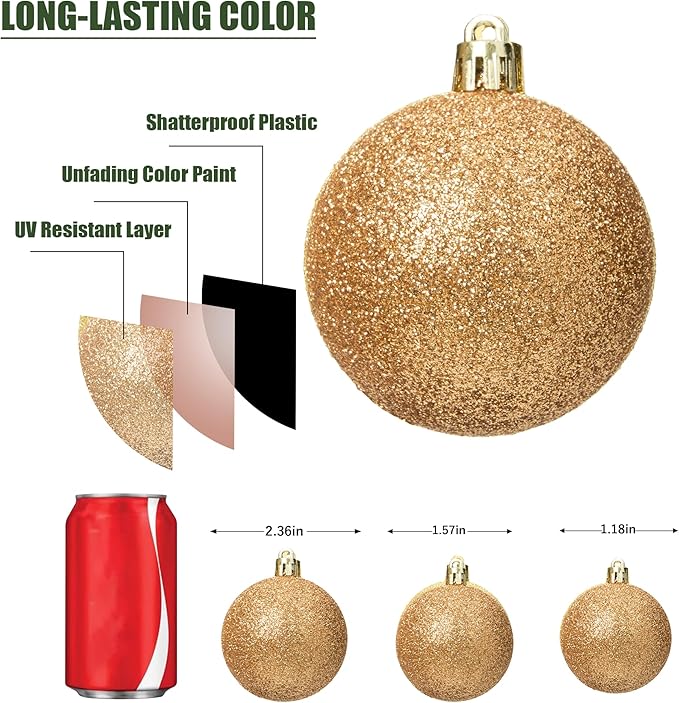 100-Pack Christmas Ball Ornaments for Tree,Shatterproof Plastic Holiday Baubles Set in Assorted Sizes and Finishes, Christmas Tree Decorations for Home, Office, Party, Indoor Outdoor Use