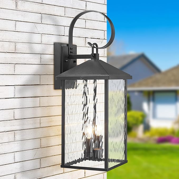 Large Outdoor Wall Lights Fixtures Wall Mount, 21.65" Large Outdoor Lanterns for Porch Light Fixture 2-Light, Modern Exterior Lighting Fixtures with Water Ripple Glass for Outside Patio