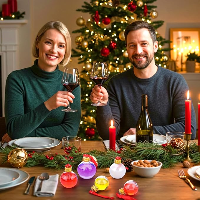 Patelai 18 Pcs Christmas Drink Balls Clear Shot Glass Ornaments Xmas Tree Fillable Ornaments Plastic Xmas Water Bottle Bulbs for Holiday Party Decorations(Round,50,100,150 ml)