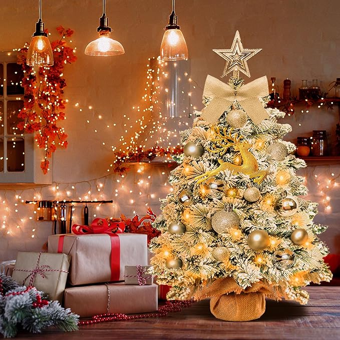Mini Christmas Tree-with Lights,2ft Small Flocked Christmas Tree with 24pcs DIY Decorations,Small Flocked with LED Lights for Holiday Indoor DIY Decor