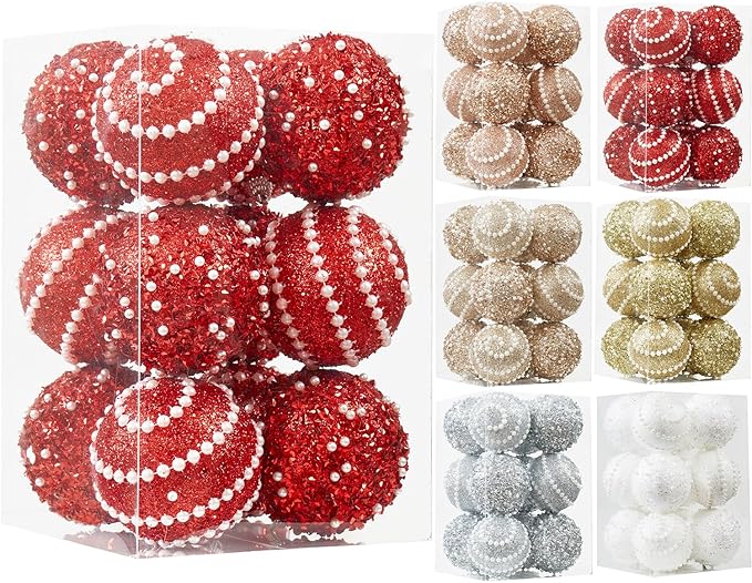 Red Christmas Ball Ornaments,12ct Christmas Tree Shatterproof Plastic Hanging Sequin Xmas Balls for Festivals Holiday Party Decorations(70mm/2.76")
