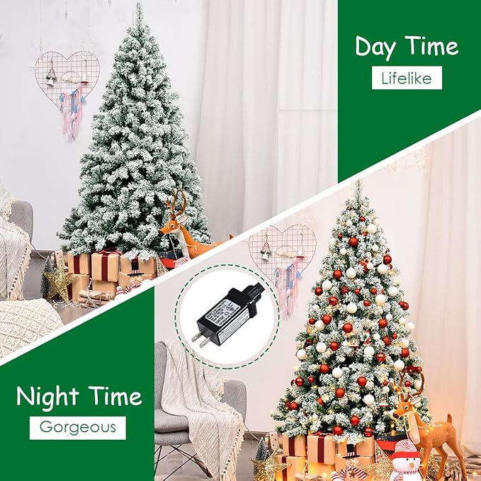Happygrill 6FT Pre-lit Artificial Hinged Christmas Pine Tree Snow Flocked Christmas Tree with Solid Metal Stand Flexible Branches Traditional Festival Decoration Tree