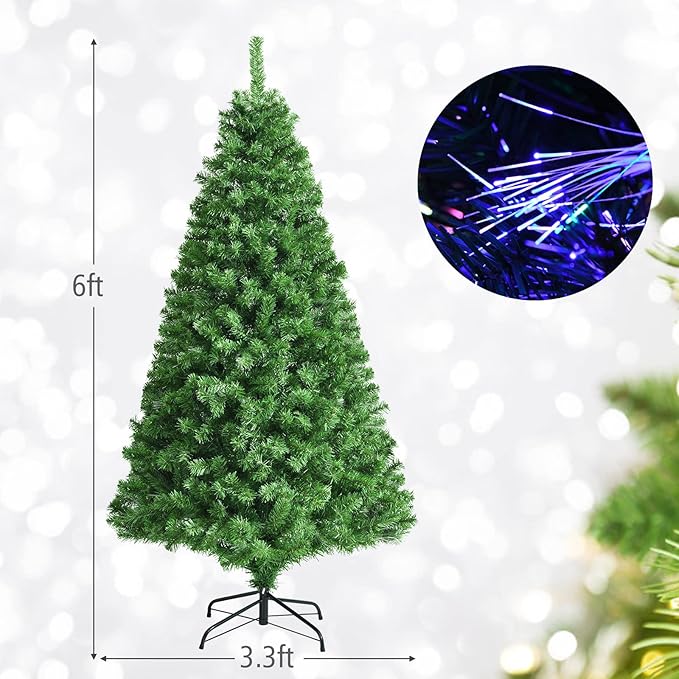 Happygrill 6FT Fiber Optic Christmas Tree, Artificial Spruce Tree Pre-lit Green Xmas Tree with Metal Stand, 617 Branch Tips, Full Tree for Holiday Decoration
