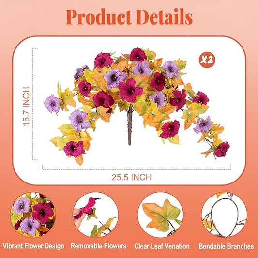 Artificial Fall Flowers Fake Petunias Plants for Outdoor Decoration, 2 Pcs Silk Faux Flowers UV Resistant No Fade Plants for Garden Balcony Yard Porch Realistic Indoor Decor (Burgundy Purple)