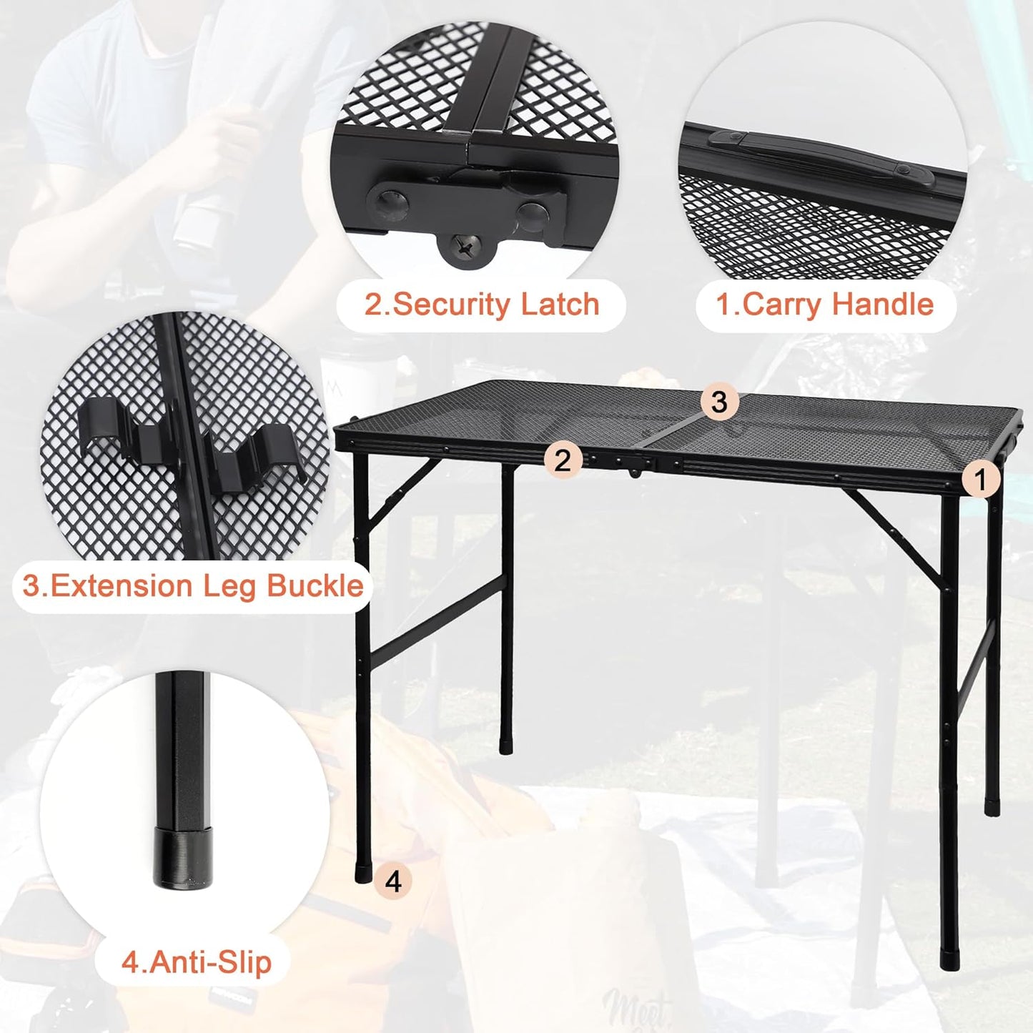 Camping Table with Mesh Desktop, Lightweight & Portable Folding Grill Table, Height Adjustable Metal Outdoor Table for Camp, Cooking, BBQ, RV, Picnic-3 FT Black