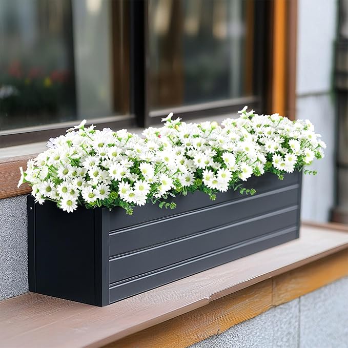 10pcs Outdoors Artificial Mum Flowers UV Resistant Daisy Fake Silk Chrysanthemum Greenery Faux Eucalyptus Plants for Spring Summer Garden Patio Window Box Planter Home Decor(White)