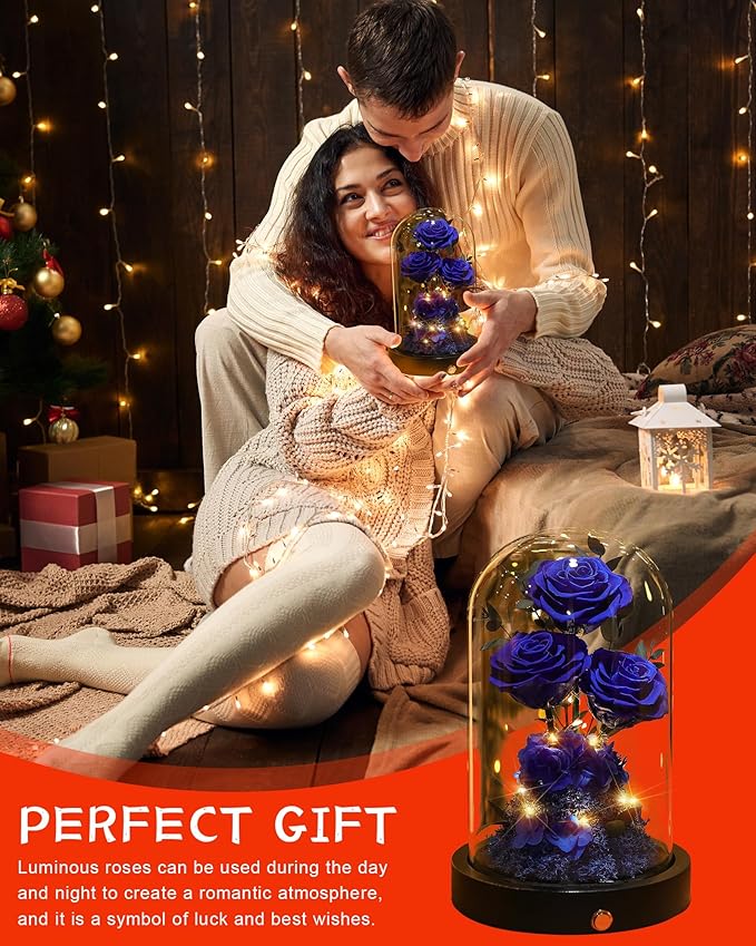 Flowers Roses Gifts for Mom Grandma,Forever Preserved Rose in Glass Dome, Christmas Anniversary Thanksging Birthday Real Roses Gifts for Wife Women Mother in Law/Blue